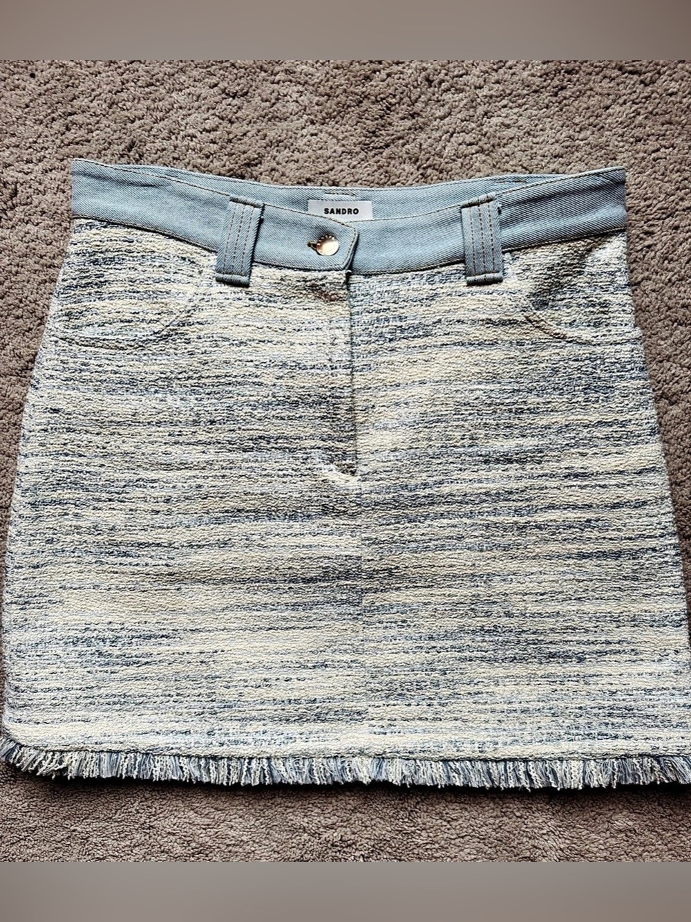 Sandro Dual-Material Denim and Tweed Skirt Striped Mini Skirt in Blue & White